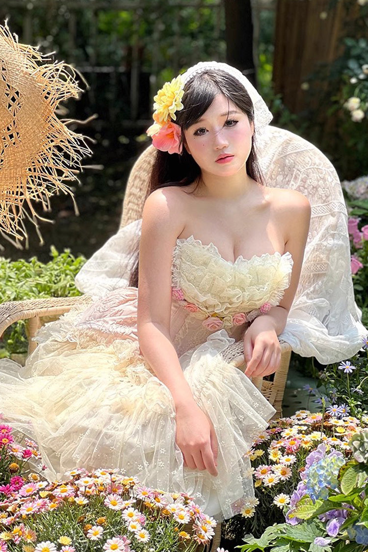 Pink Floral Love Ruffle Bow Lace Elegant Lolita Maxi Set