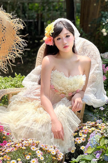 Pink Floral Love Ruffle Bow Lace Elegant Lolita Maxi Set