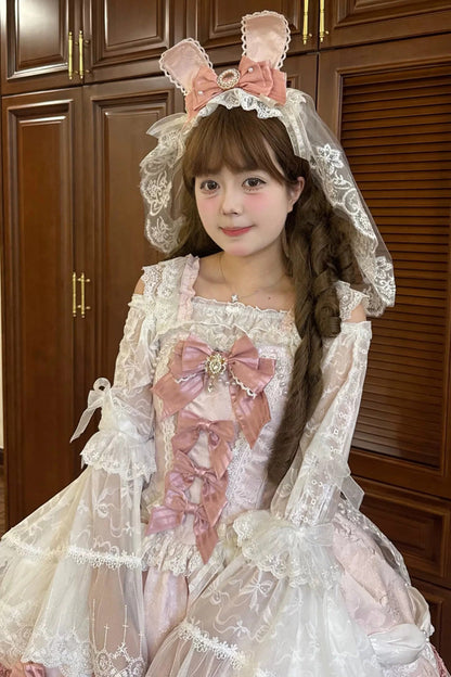 Rose Ribbon Prelude Square Neck Sleeveless Embroidered Floral Lace A-Line JSK Dress - Pink
