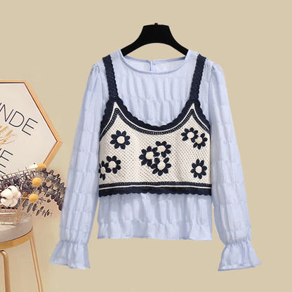 Vest Denim High Flower Skirt Shirt Waist Embroidery Set