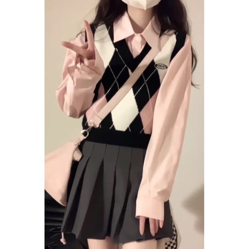 Skirt Pink Sleeve Pleated Rhombus Print Shirt Long Vest