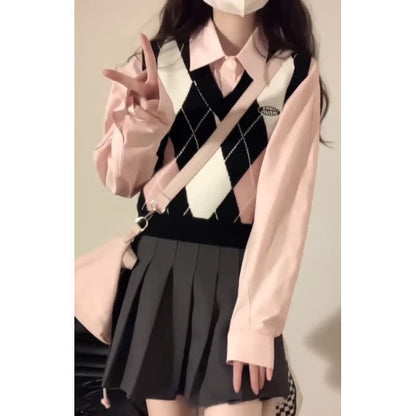 Skirt Pink Sleeve Pleated Rhombus Print Shirt Long Vest