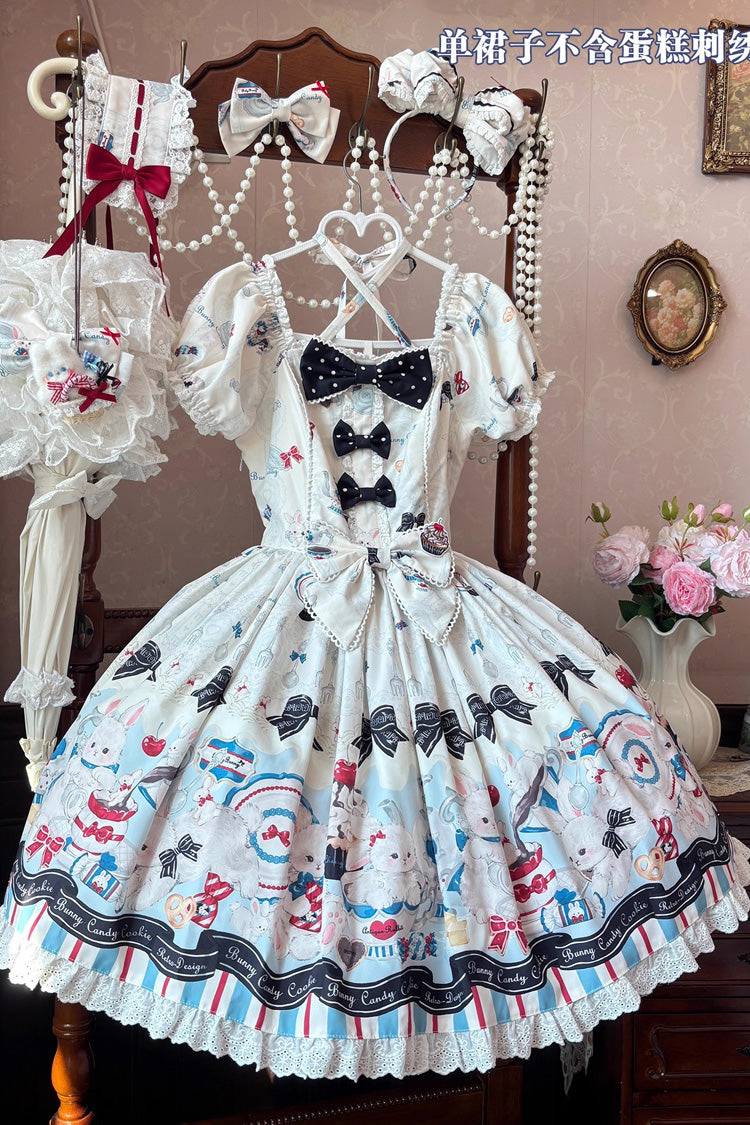 Mystery Rabbit Tea Party Square-Collar Short-Sleeved Print Ruffle Bowknot Lace Sweet Lolita Dress in Beige
