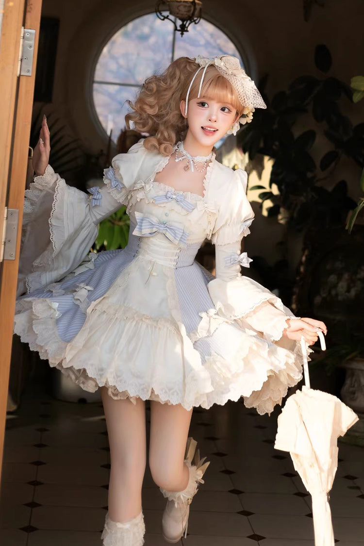 Sleeveless Double Printed Ruffled Open Bow Lace-Up Sweet Lolita JSK Short