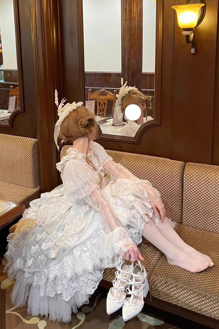 Ivory Peacock Feather Layered Ruffle Hanayome Cardigan Bow Lace Sweet Lolita Jsk Set