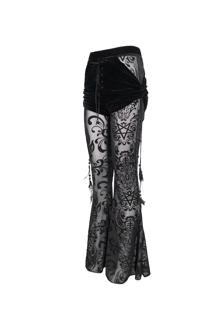 Gothic Women's Long Flared Trousers with Faux Two-Piece Feather Pendant and Mesh Side Panels