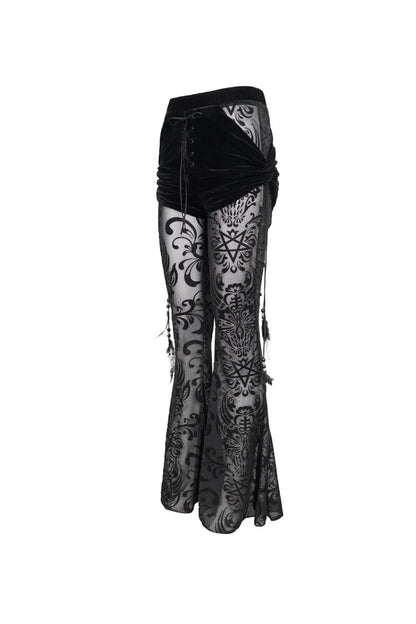 Gothic Women's Long Flared Trousers with Faux Two-Piece Feather Pendant and Mesh Side Panels
