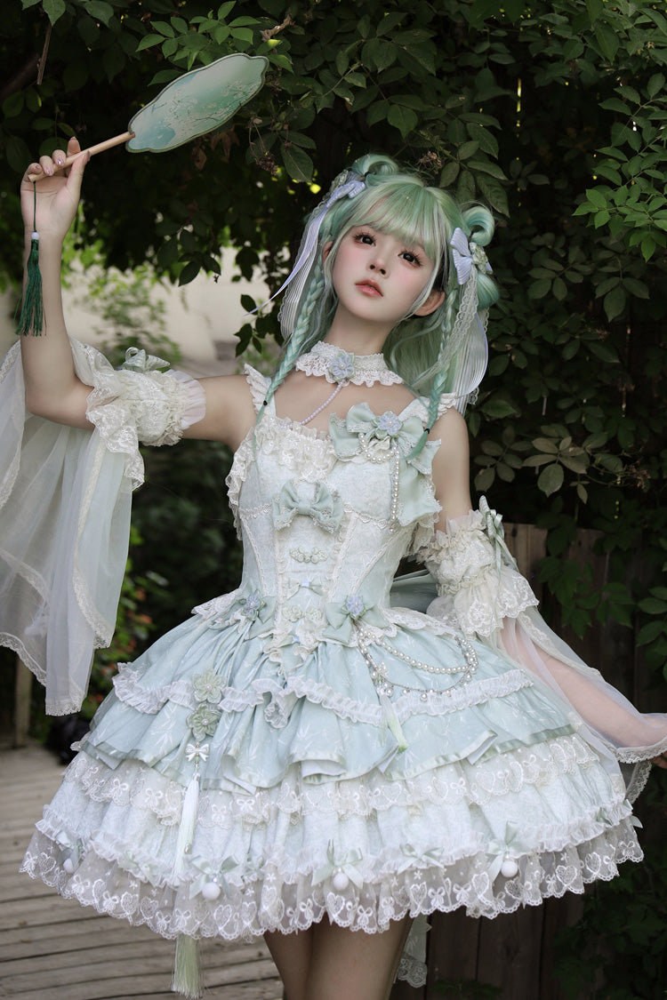 Emerald Prelude of Spring Cherry Square Collar Sleeveless Jacquard Ruffled Bow Lace Pearl Lolita JSK