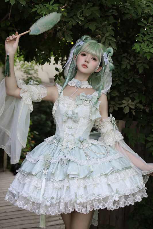 Emerald Prelude of Spring Cherry Square Collar Sleeveless Jacquard Ruffled Bow Lace Pearl Lolita JSK