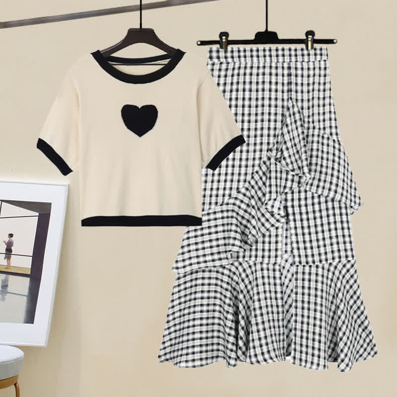 Skirt Split T-Shirt Lattice Flouncing Love Print Set Heart