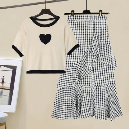 Skirt Split T-Shirt Lattice Flouncing Love Print Set Heart