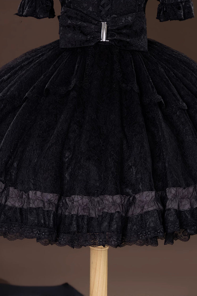Gothic Lolita Jacquard Bow Lace-Up Short-Sleeve Dress Set Gardener Style