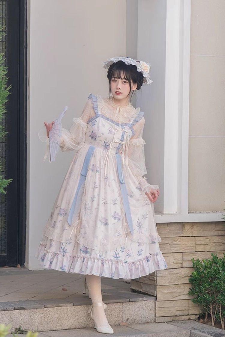 Elegant Floral Wall Print Sweet Lolita Gown with Ruffles