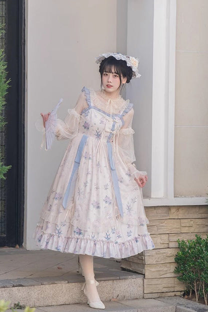 Elegant Floral Wall Print Sweet Lolita Gown with Ruffles