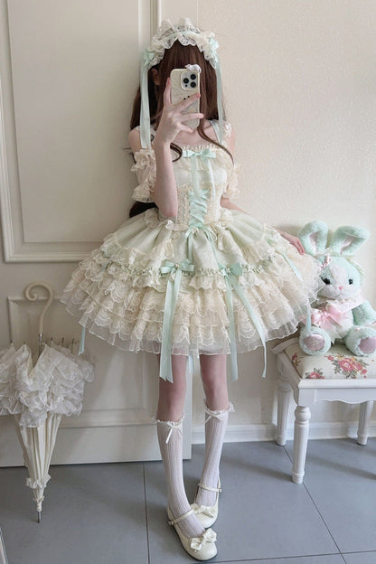 Emerald Layered Lace-Up Ballet Lolita JSK - Ribbon Heart