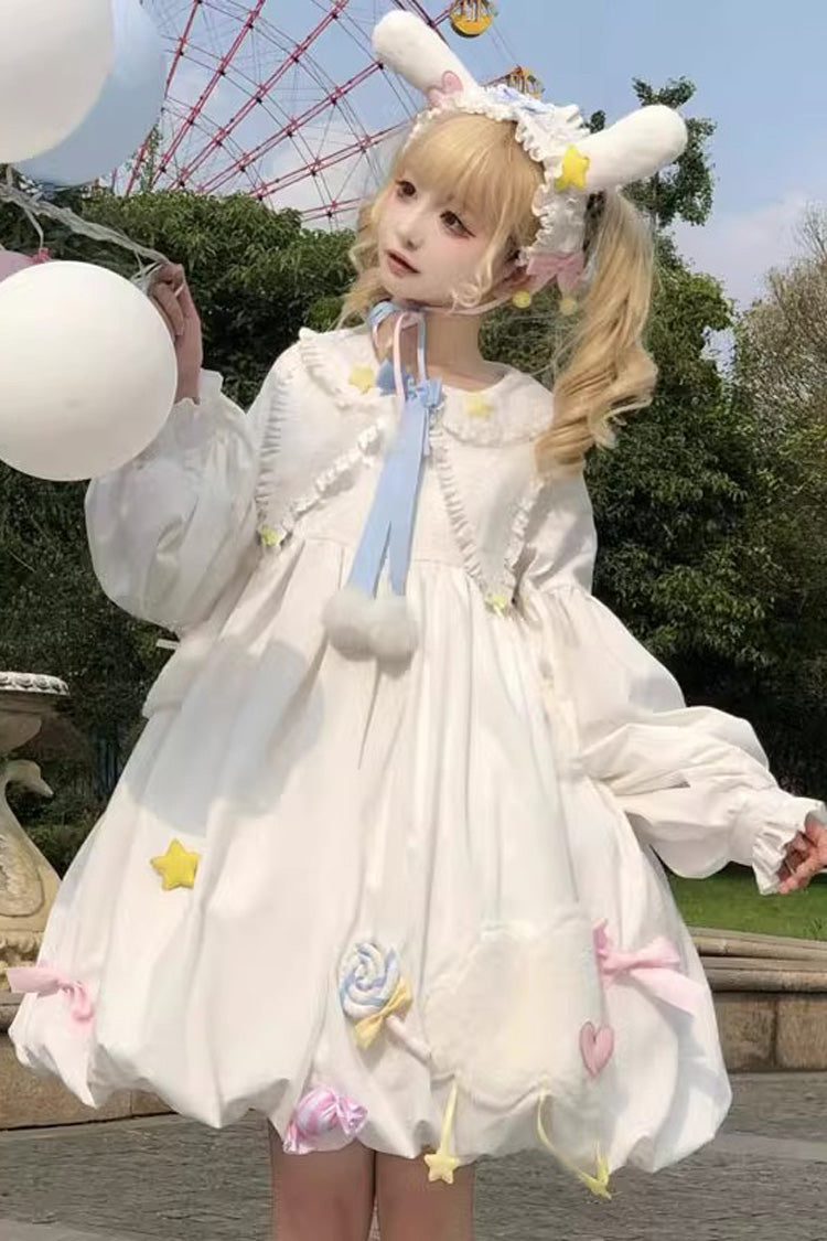 White Doll-Collar Long-Sleeved Candy Bow-Trim Sweet Lolita Dress