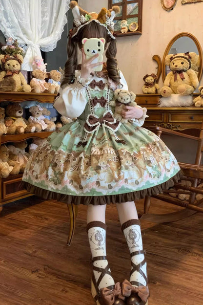 Emerald Doll Collar Long-Sleeve Bow Lolita Dress - Squirrel Chocolate