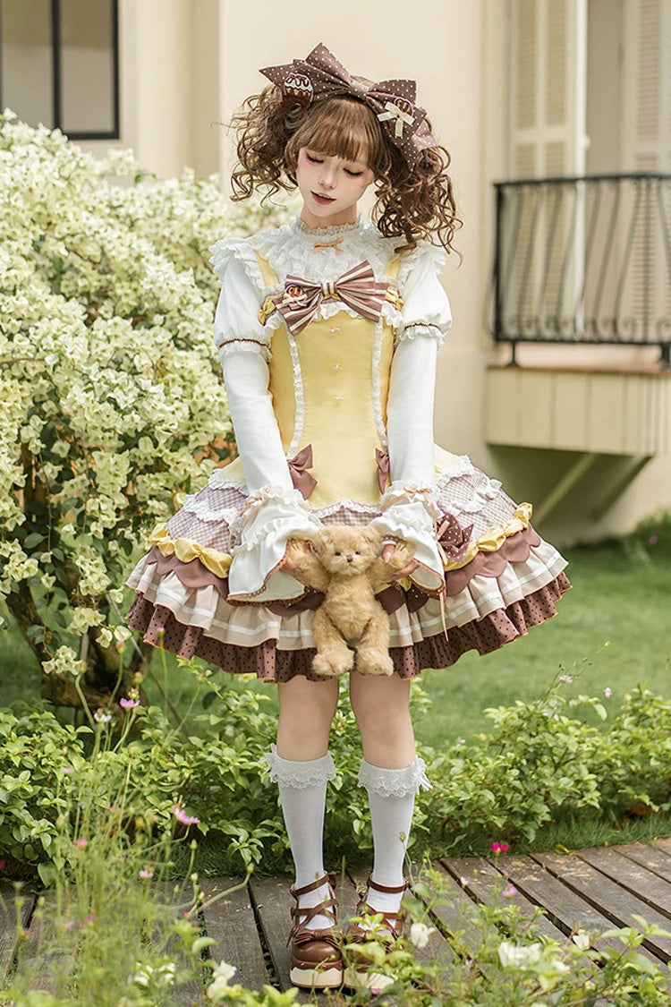 Polka Dot Cake Multi-Layer Ruffled Bow Sweet Lolita JSK in Yellow Brown