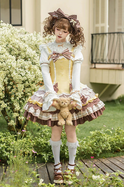 Polka Dot Cake Multi-Layer Ruffled Bow Sweet Lolita JSK in Yellow Brown