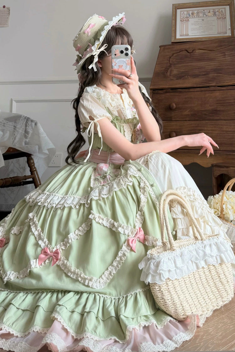 Emerald Pastoral Ruffled Bow Lolita JSK - Tulip Blossom Field