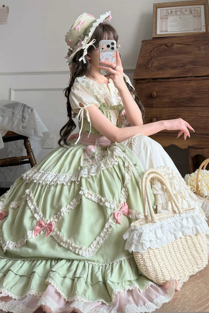 Emerald Pastoral Ruffled Bow Lolita JSK - Tulip Blossom Field