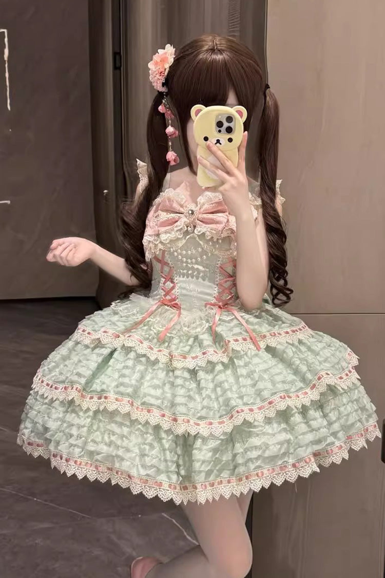 Emerald Triple-Layer Bow Lace-Up Lolita JSK - Floral Letters
