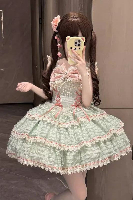Emerald Triple-Layer Bow Lace-Up Lolita JSK - Floral Letters