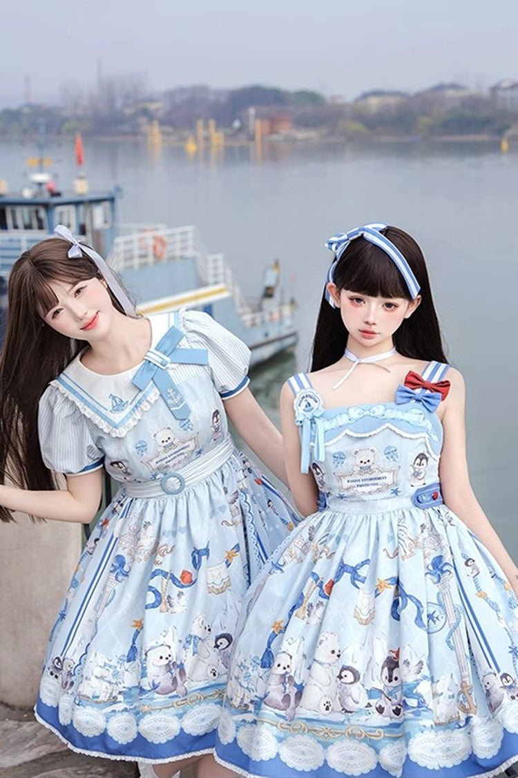 Navy Short-Sleeve Bow-Adorned Princess Gown with Ruffle Print