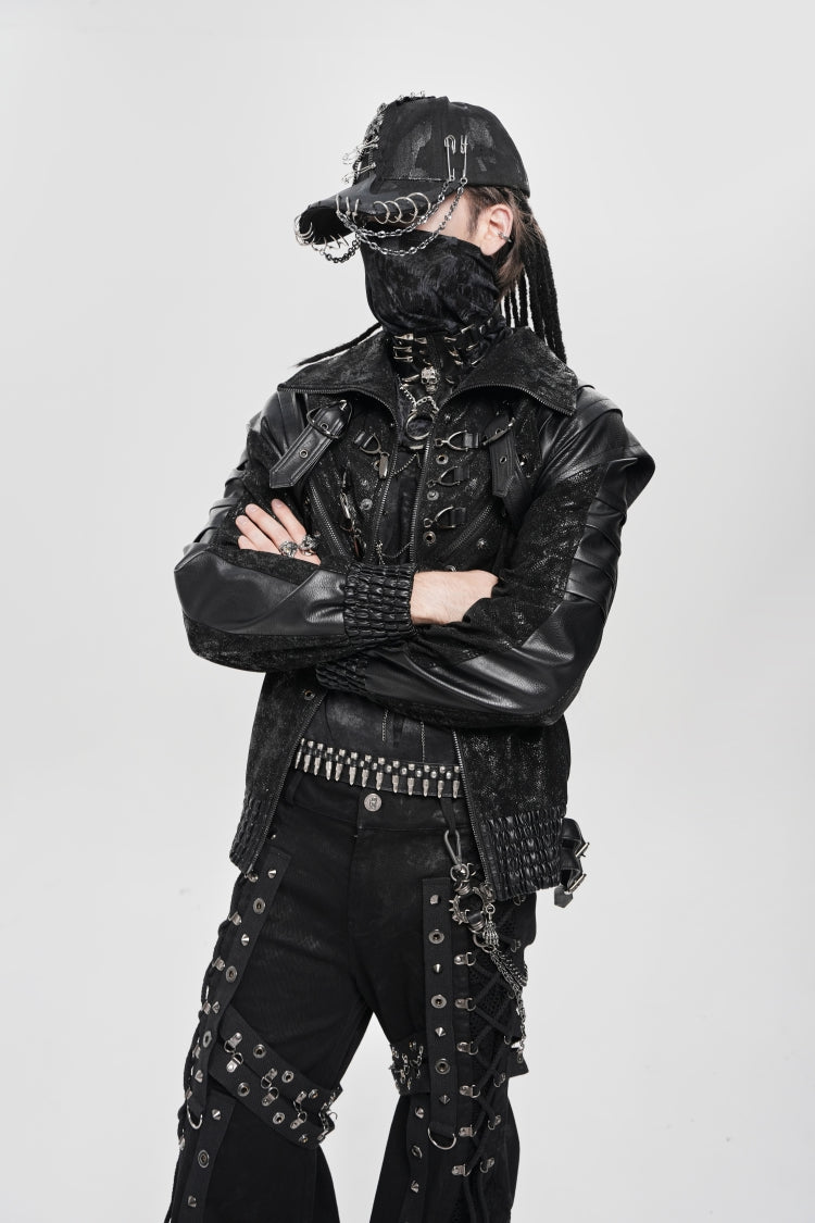 Men's Punk Coat with Buckle Zipper Straps and Stitched Black Faux Leather