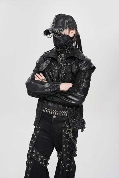 Men's Punk Coat with Buckle Zipper Straps and Stitched Black Faux Leather