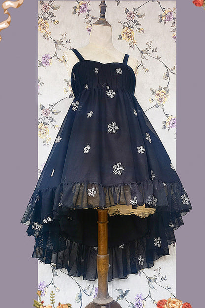 Feather Snowflake Embroidery Print Sleeveless Ruffle Bow Sweet JSK Dress