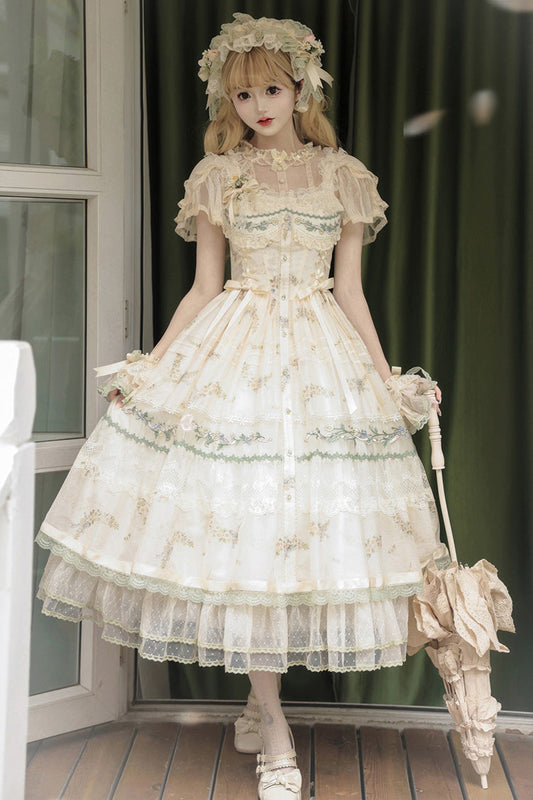 Multicolor Daisy Poetry Print Ruffle Lace JSK Dress