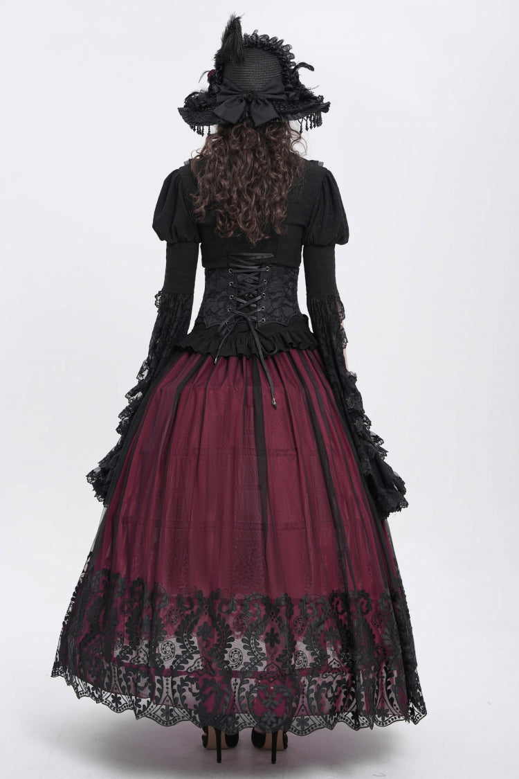 Crimson Stitched Floral Mesh Women's Goth Skirt