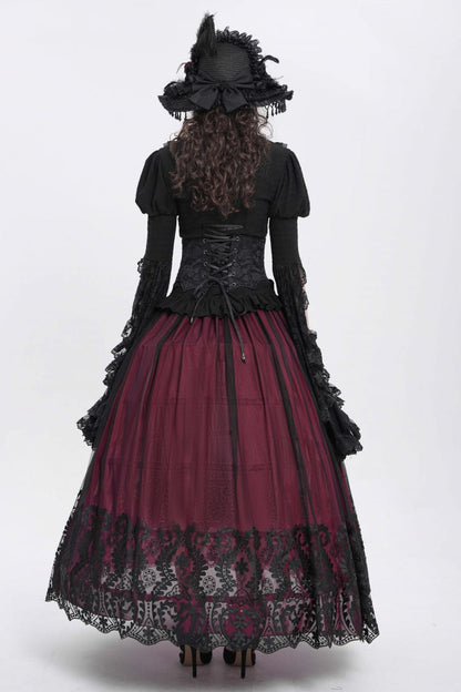 Crimson Stitched Floral Mesh Women's Goth Skirt