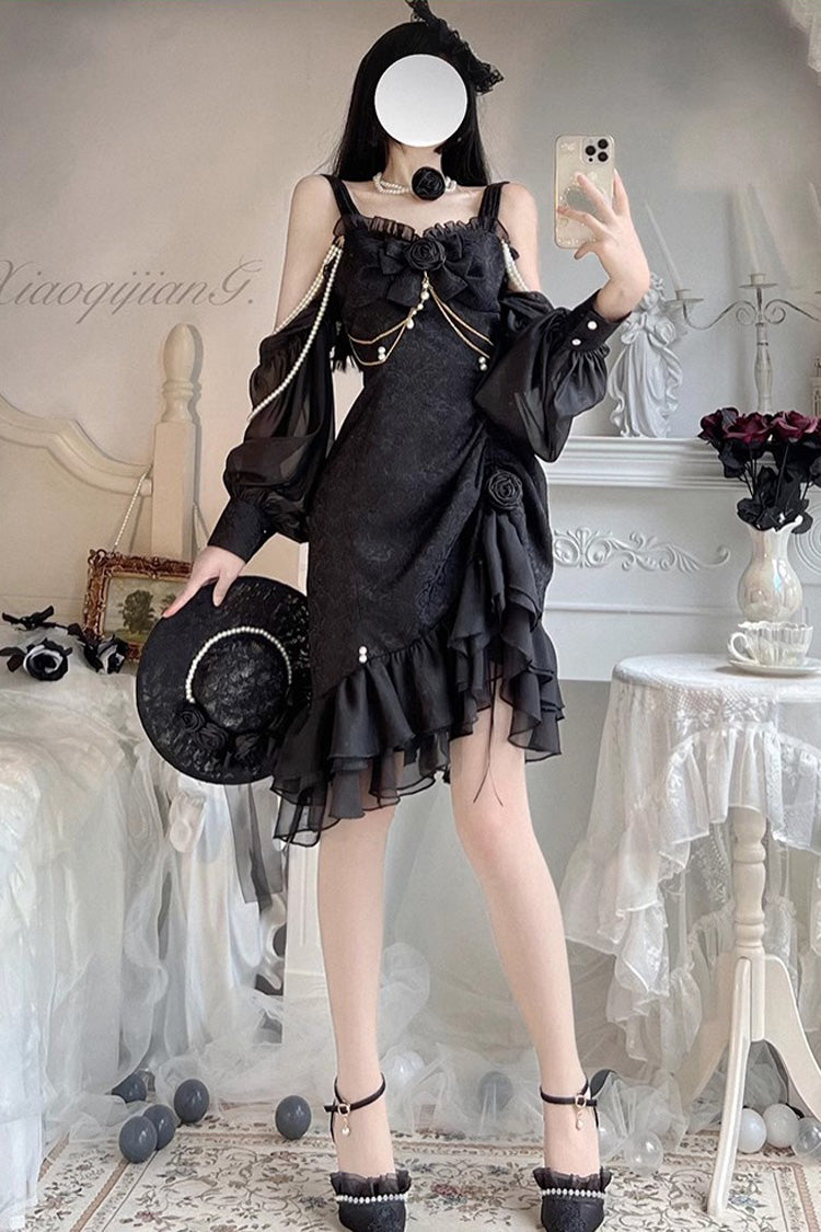 Camellia Rose Asymmetric Ruffled Gothic Chinese Elegant Lolita JSK Dress in Three Colors