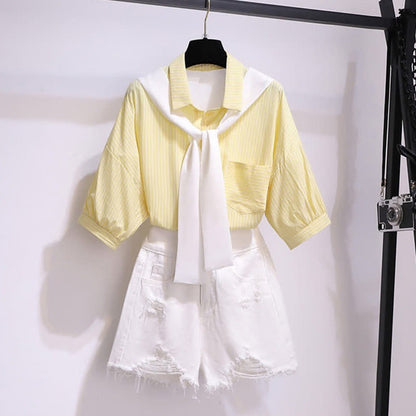 Chic Shorts Pocket Lapel T-Shirt Stripe Denim Ripped