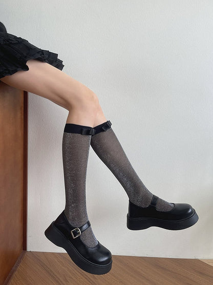 Light Grey/Black Bowknot Details Semi-sheer Underknee Stockings
