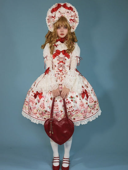 Strawberry and Desserts Print White Sweet Bow Accents Lolita JSK / Full Set