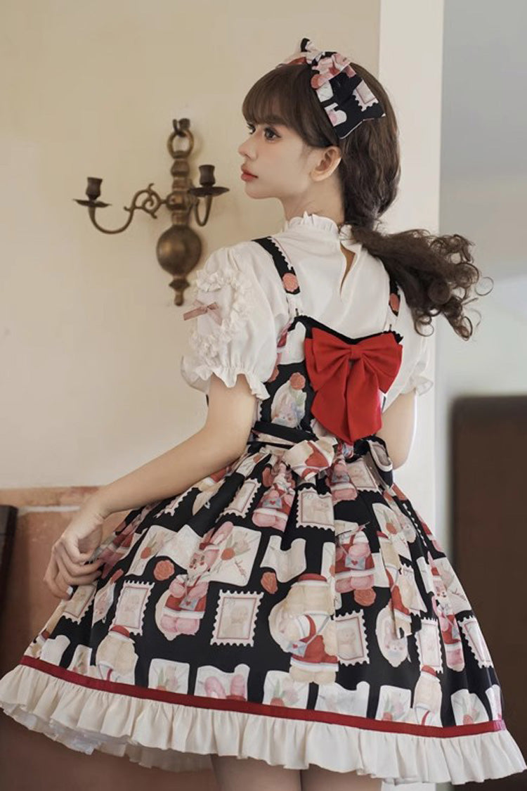 Letter from Showa Rabbit and Letter Print Ruffle Bowknot Sweet Princess Lolita Strap Dress