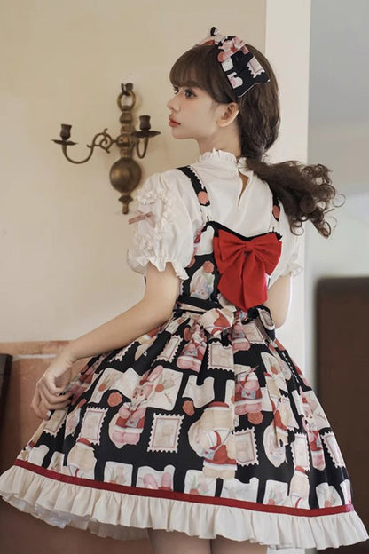 Letter from Showa Rabbit and Letter Print Ruffle Bowknot Sweet Princess Lolita Strap Dress
