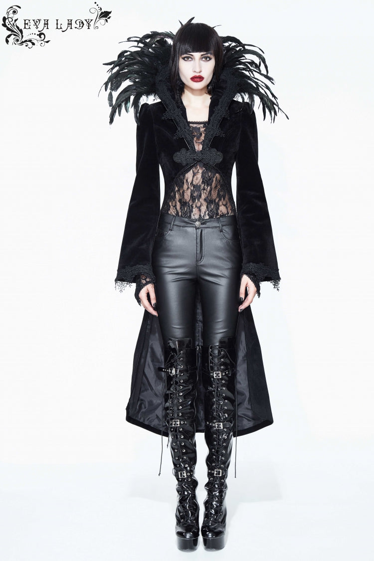 Gothic Tailcoat for Women with Feathered Collar Long Sleeves and Bowknot