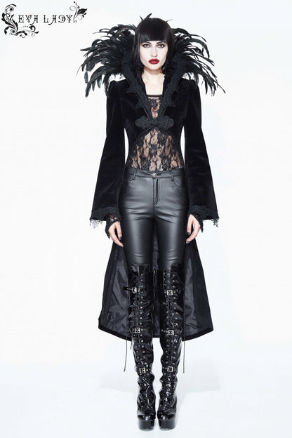Gothic Tailcoat for Women with Feathered Collar Long Sleeves and Bowknot