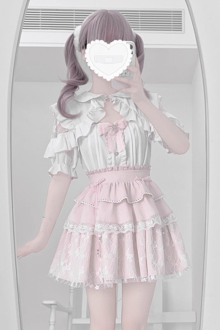 Triple-Layered Ruffle Bowknot Lace Jirai Kei Skirt Set