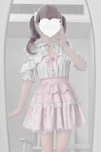 Triple-Layered Ruffle Bowknot Lace Jirai Kei Skirt Set
