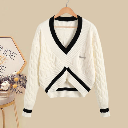 Fishtail Denim Set Colorblock Skirt Sweater V-neck