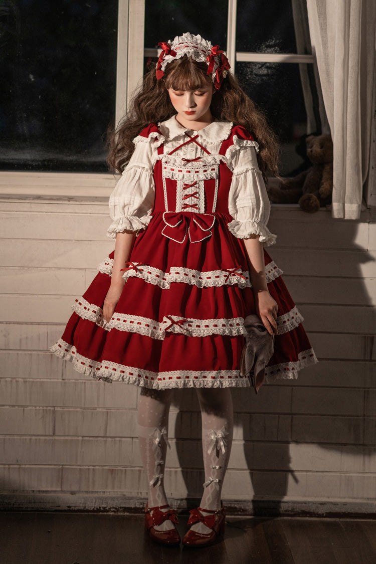 Red Antique Dolls Sweet Lolita Triple-Layered Bowknot JSK Dress