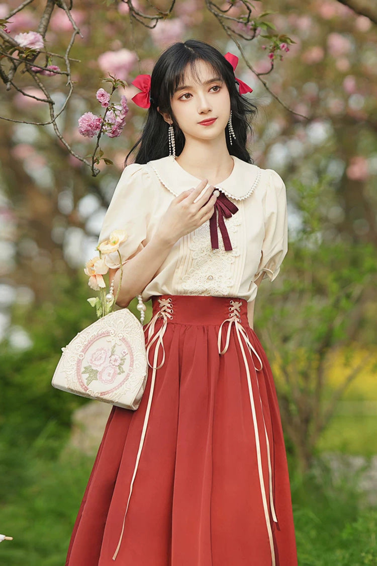 Solid Color Lapel Collar Short Sleeves High Waist Lace-Up Wave Hem Classic Lolita Two-Piece Set 7 Colors