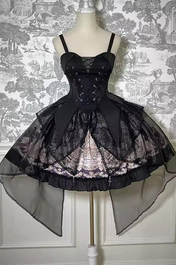 Printed Gothic Lolita Skirt Dress with Bowknot and Ruffle - Doll Mystery