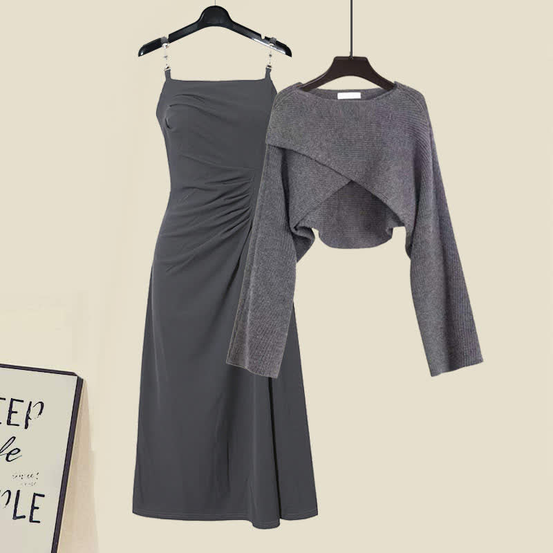 Grey Cross Knit Sweater Ruffled Split Slip Dress