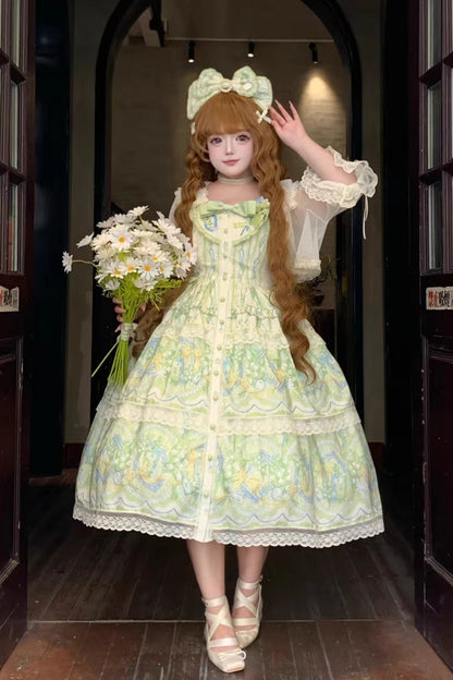 Ivory Green Lily of the Valley Perfume Pearl Candy Tea Doll Collar Sleeveless Print Lace Plus Sweet Lolita JSK
